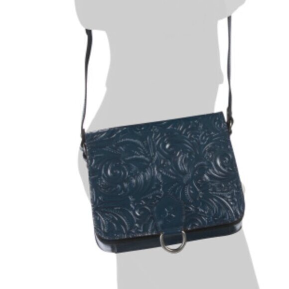 Patricia Nash Ilina Leather Tooled Flap Handbag Blue Coral Crossbody D Ring - Picture 2 of 15